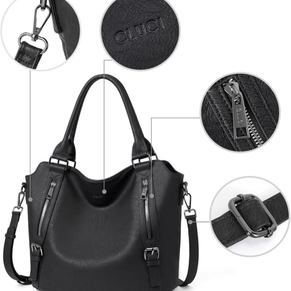 Black Vegan Leather Tote with Gunmetal Hardware. EUC - Picture 4 of 15